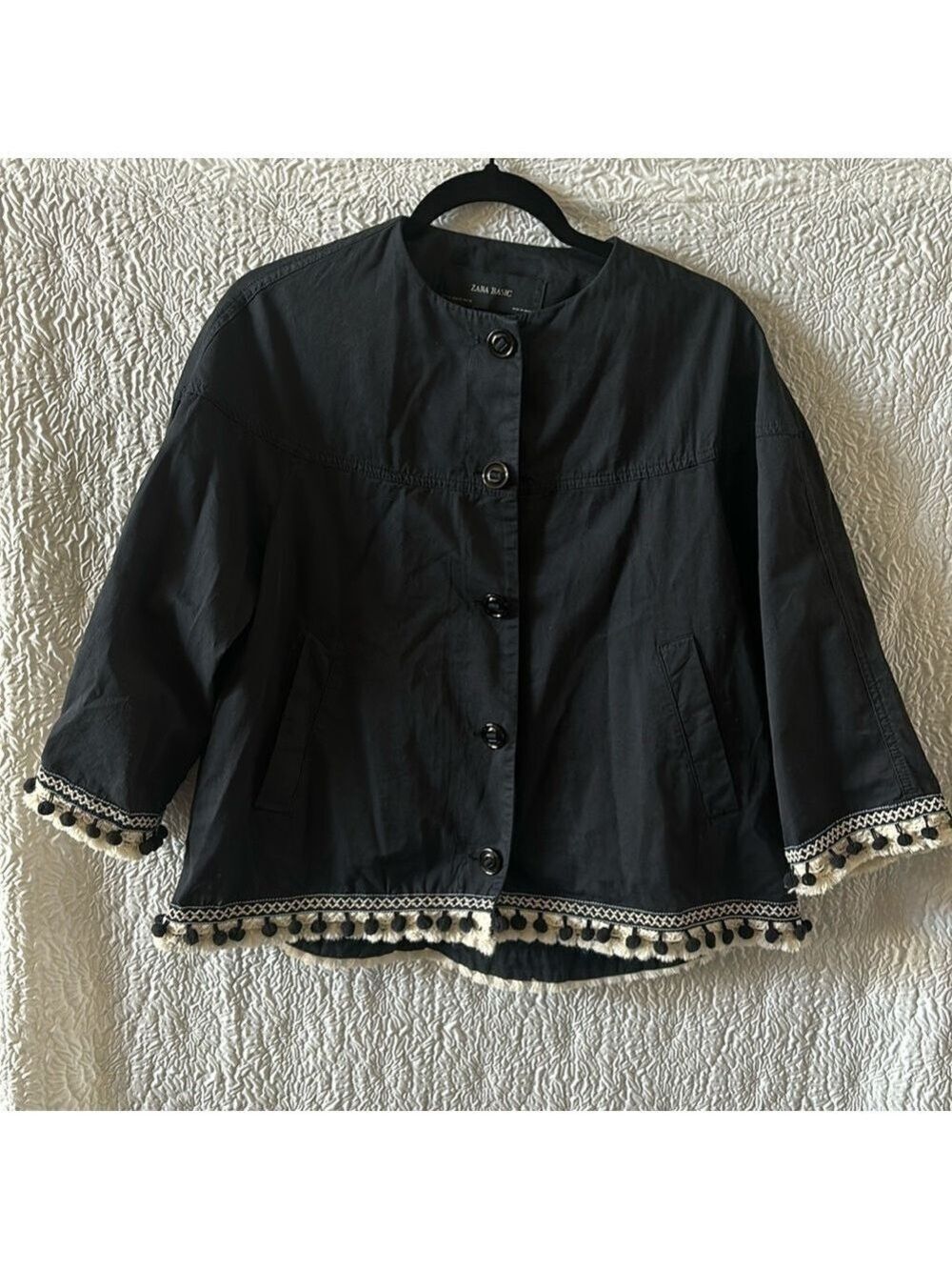 Zara Basics Embroidered Fringe Pom Pom Tassel Button-Up Jacket